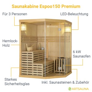 Artsauna Espoo150 Premium Sauna aus Hemlock-Holz mit Glasfront und Saunaofen. Ecksauna für 3 Personen.