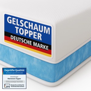 Arensberger Topper Premium 120x200 cm: Gelschaum Matratzenauflage mit blauem Rand und Qualitätsiegel.
