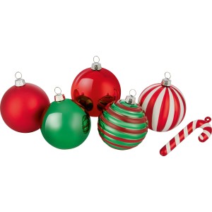 Weihnachtskugel-Set, Ø 6cm, 50-teilig, rot, weiß, grün, mit Zuckerstange. Matte und glänzende Oberflächen.