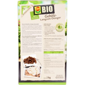 Compo Bio Gehölz Langzeit-Dünger 2kg Packung mit Produktinformationen.