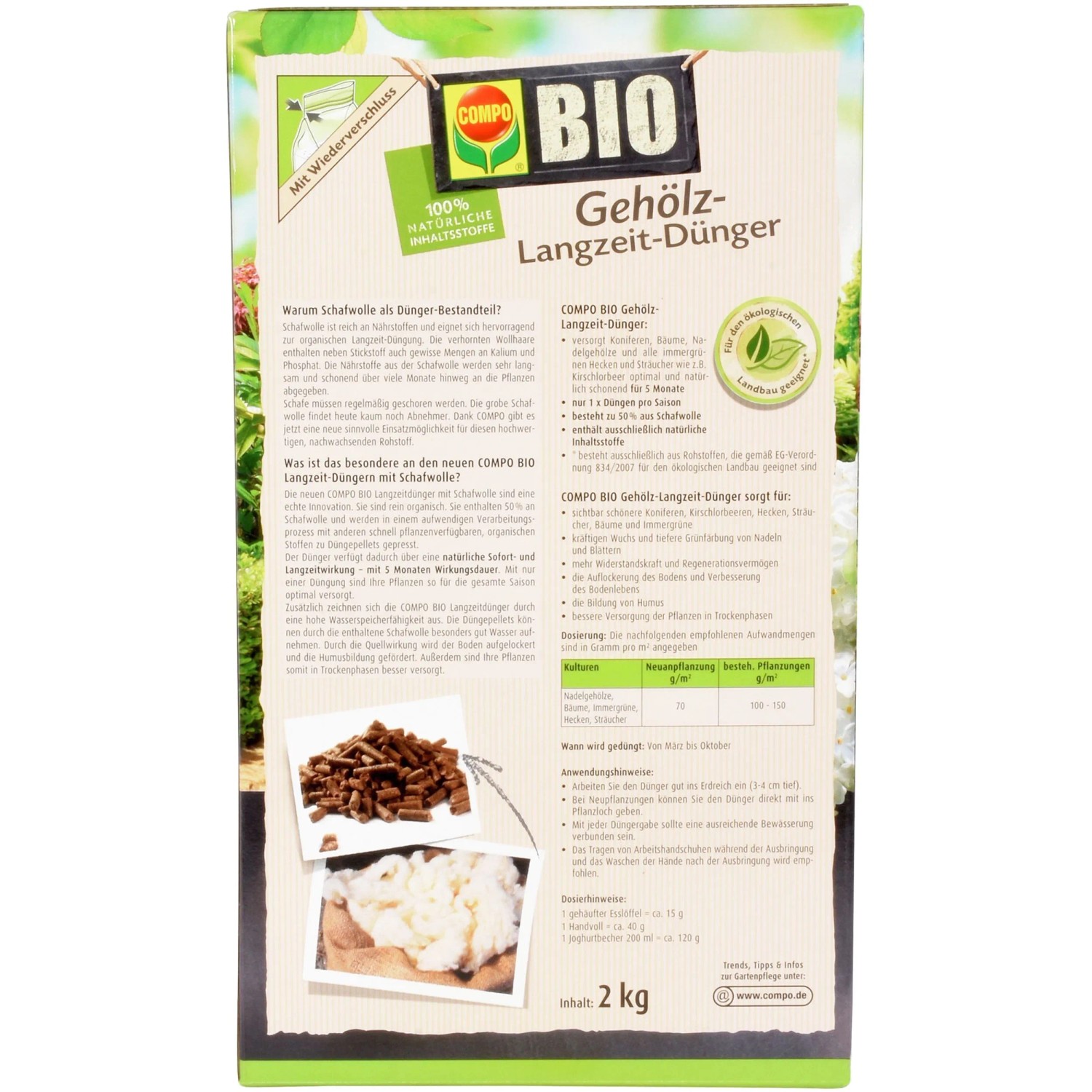 Compo Bio Gehölz Langzeit-Dünger 2kg Packung mit Produktinformationen.