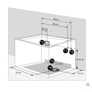 Skizze der AquaVapore Sitzbadewanne S02-TH-B-L 100x78cm mit Maßangaben für Installation.