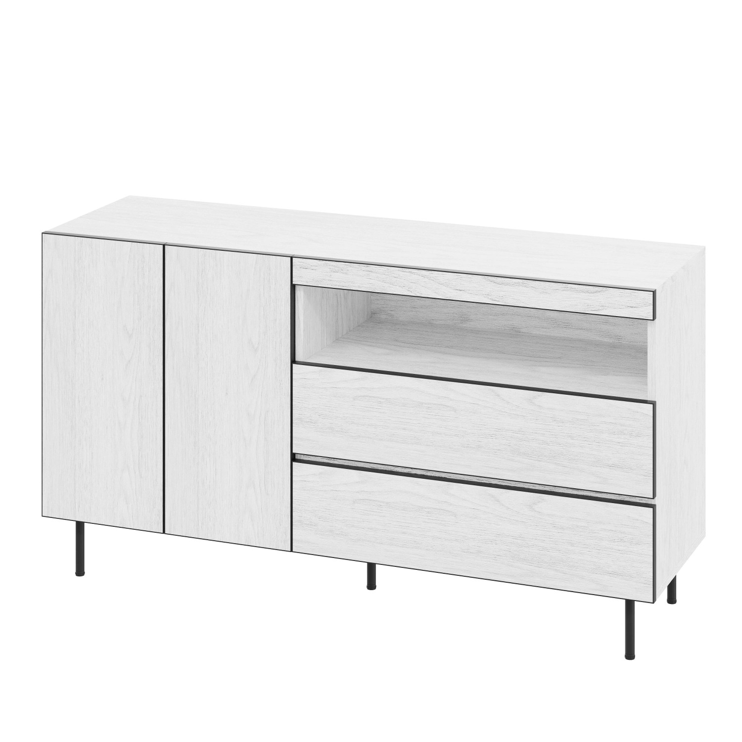 okwish Sideboard mit Doppeltüren Schubladen Offene Regale Wohnzimmer 140x42x77cm Weiß