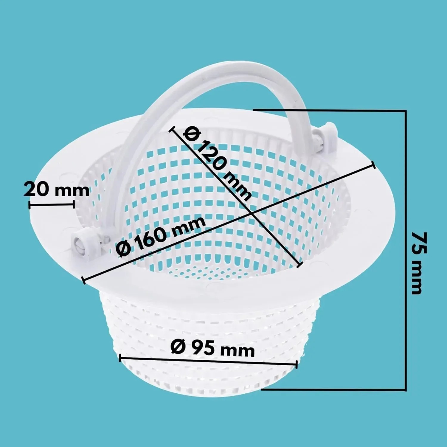 Weißer Amapool Skimmer Korb, 16 cm Durchmesser, mit Griff für Poolreinigung.