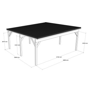 Holzbrüder Doppelcarport Ralf, reinweiß mit dunkelgrauem Blechdach, 600x600 cm, Maße dargestellt.