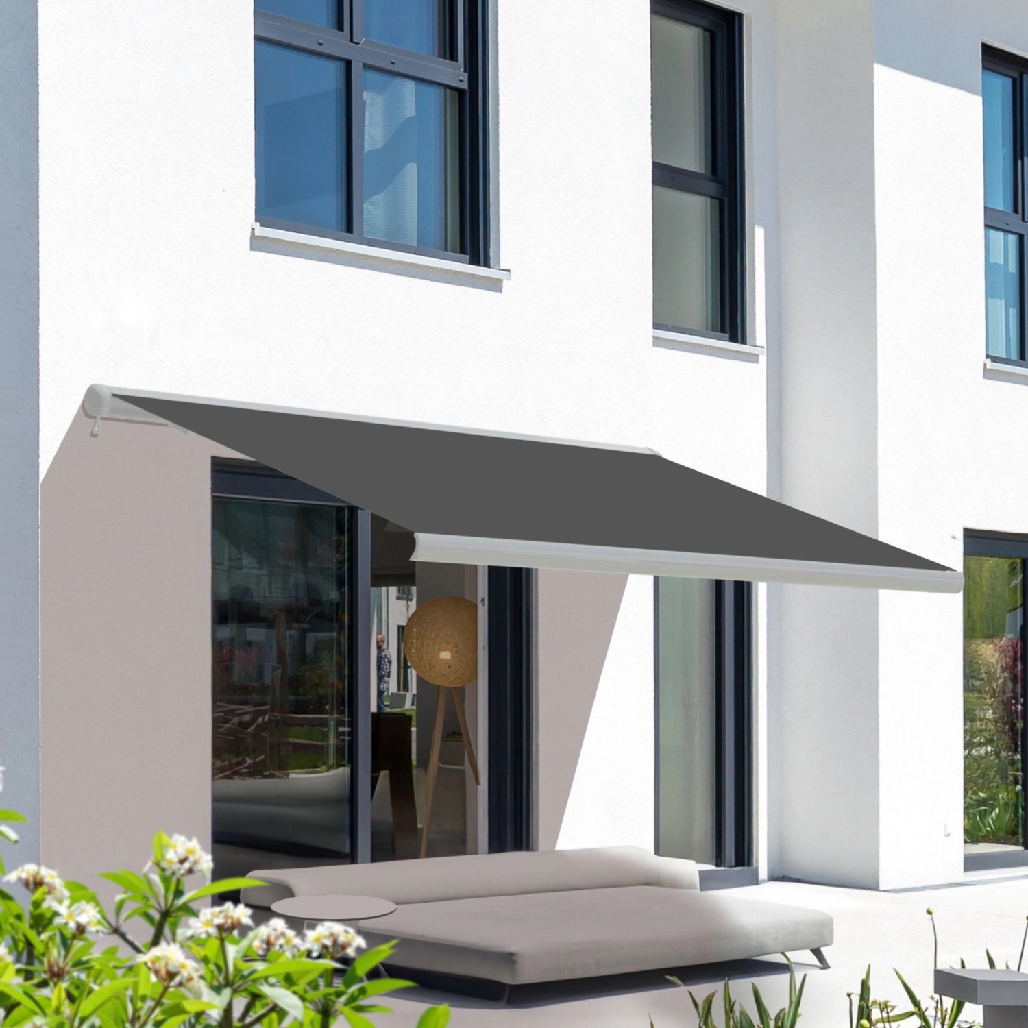 Elektrische Kassettenmarkise, 3,0x2,5m, graues Tuch, weiße Kassette. Ideal für Terrasse & Balkon.