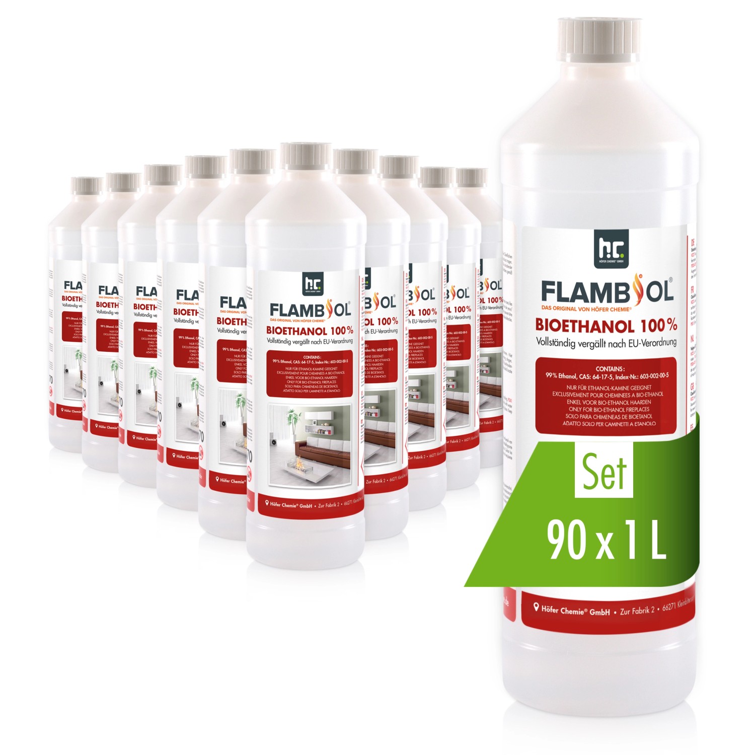 Flambiol Bioethanol Hochrein 100% in Flaschen für Edelstahl-Tisch-Kamine 90 x 1l