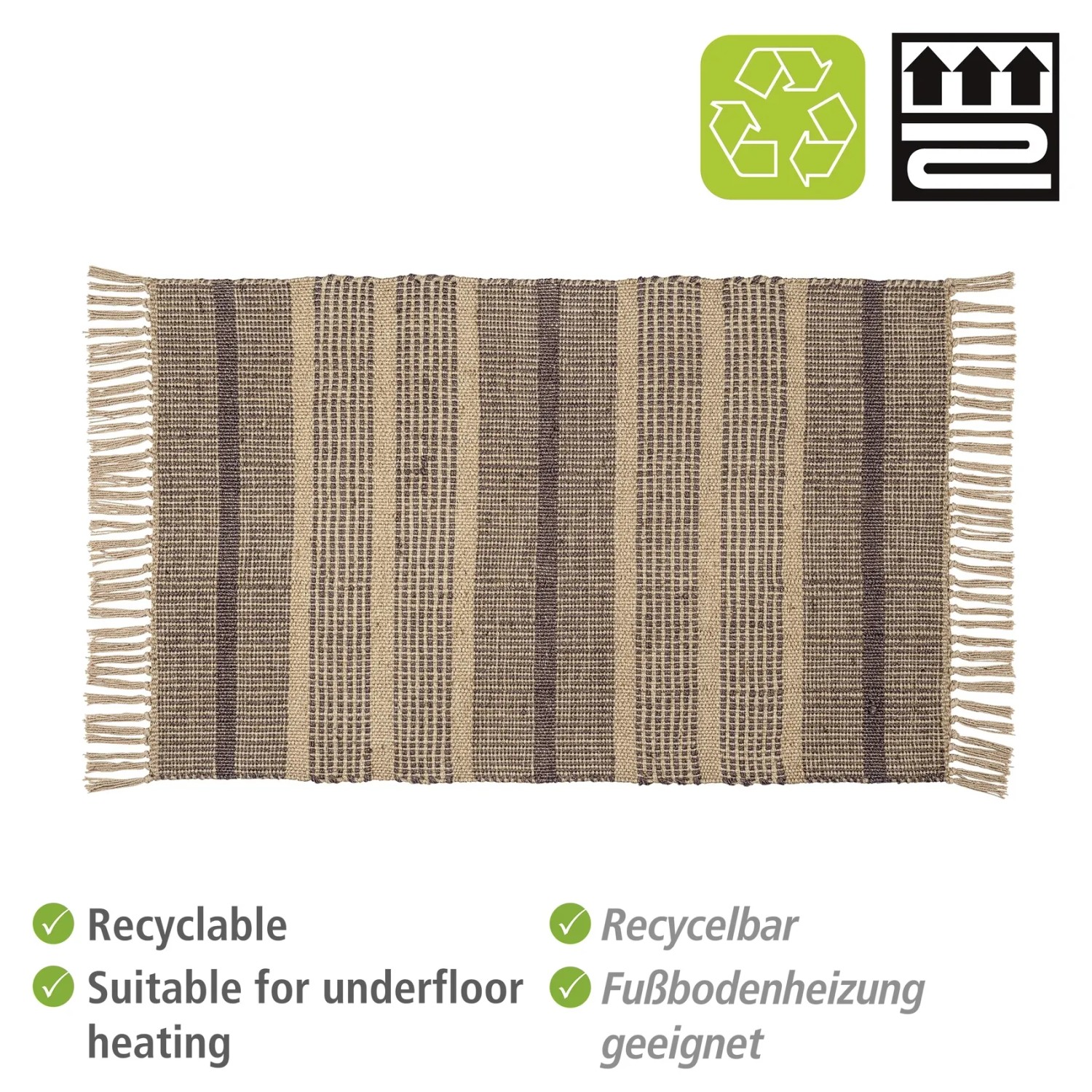 Wenko Badematte Sambu, 50x80 cm, grau-braun gestreift mit Fransen, geeignet für Fußbodenheizung.