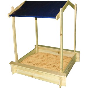 Promadino Sandkasten Peter mit absenkbarem, blauem Dach aus Kiefernholz.