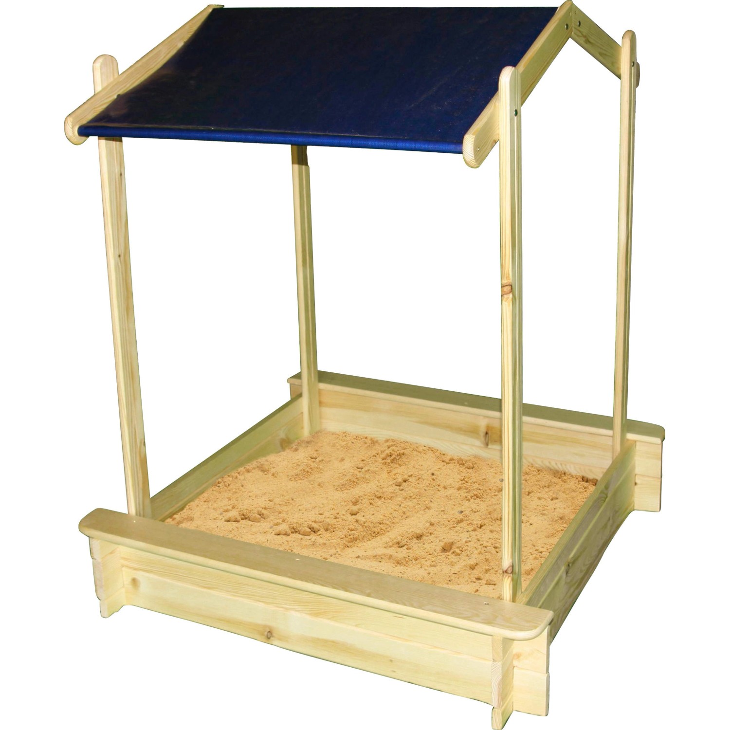 Promadino Sandkasten Peter mit absenkbarem, blauem Dach aus Kiefernholz.