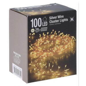 Verpackung der Silberdraht-Lichterkette mit 100 warmweißen LEDs für den Außenbereich.