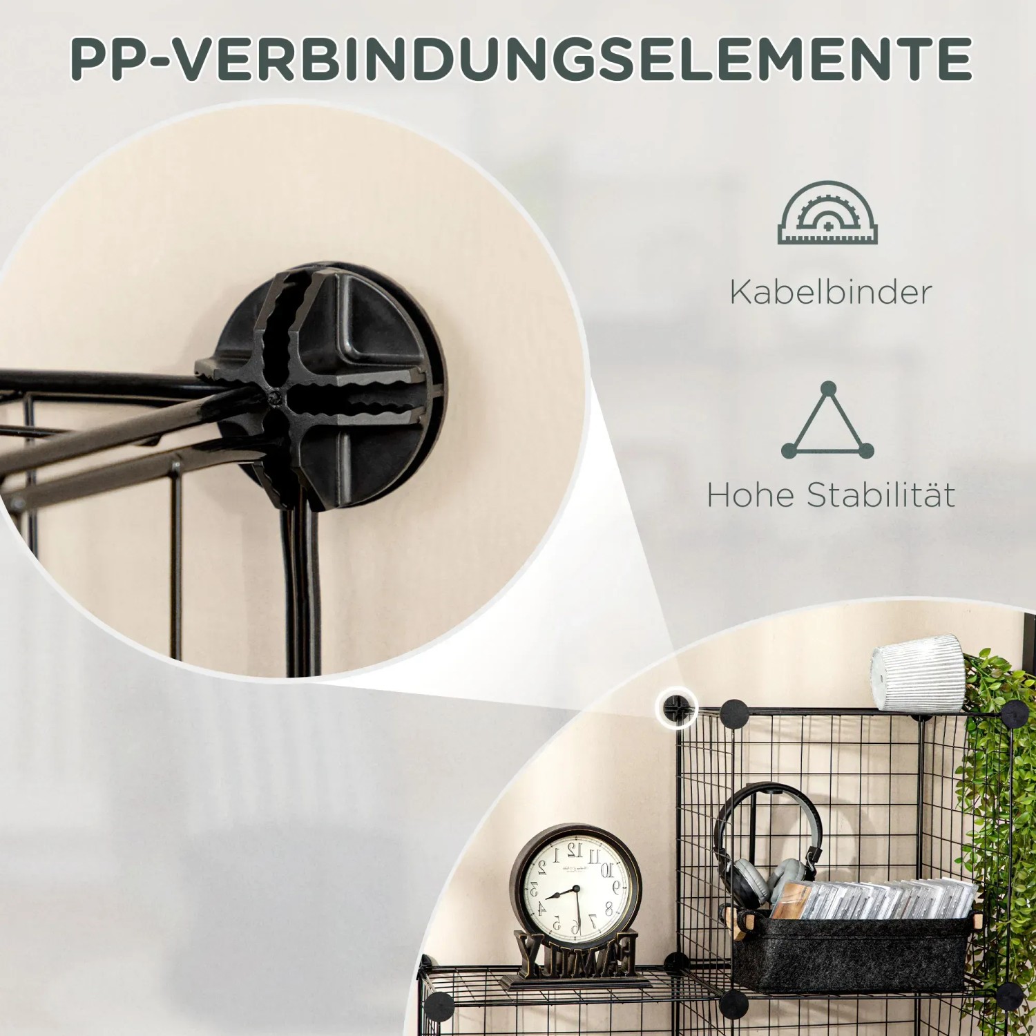 Detailaufnahme: Schwarzes HOMCOM Regalsystem aus Stahldraht mit Verbindungselementen.