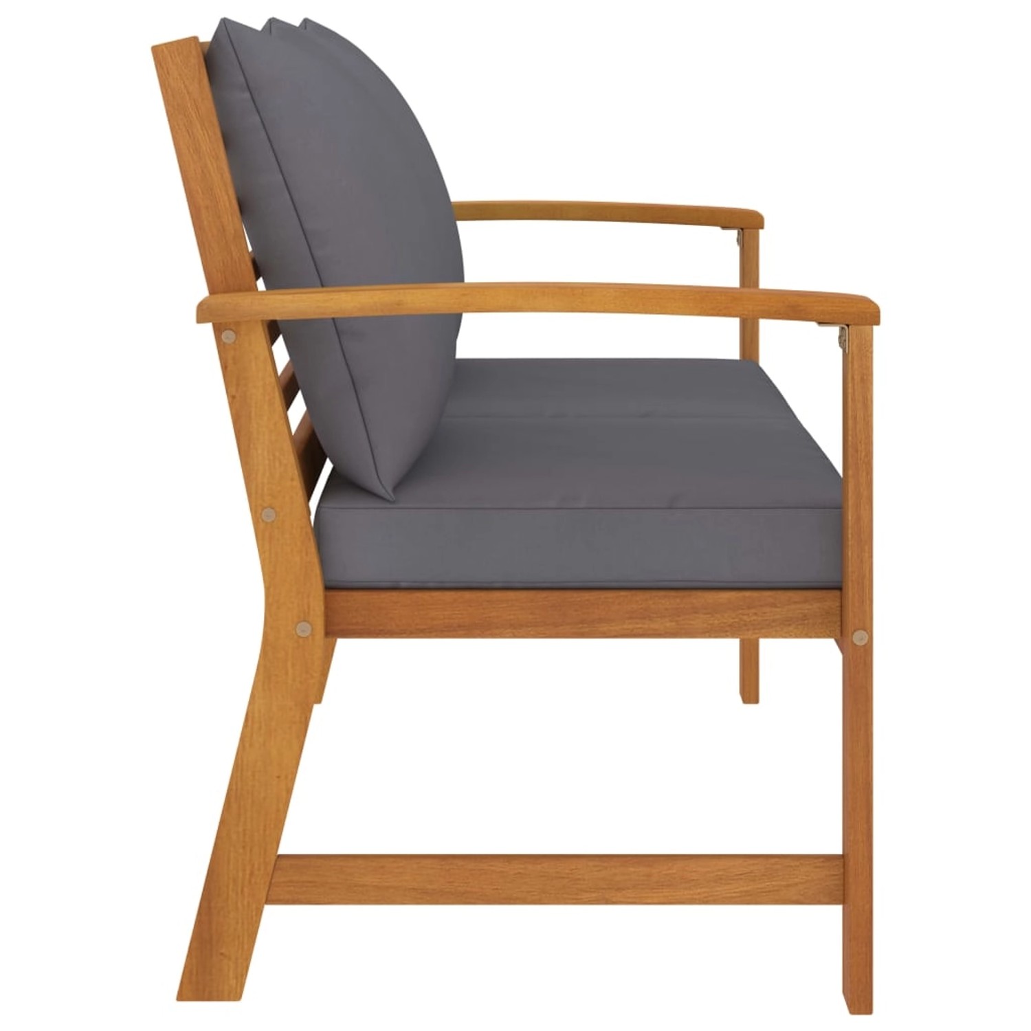 VidaXL Gartenbank aus Akazienholz mit dunkelgrauen Kissen, Seitenansicht.