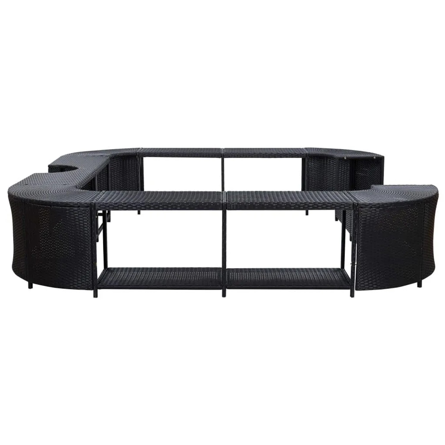 Quadratische, schwarze Whirlpool-Umrandung aus Poly Rattan mit Ablageflächen und zwei Stufen.