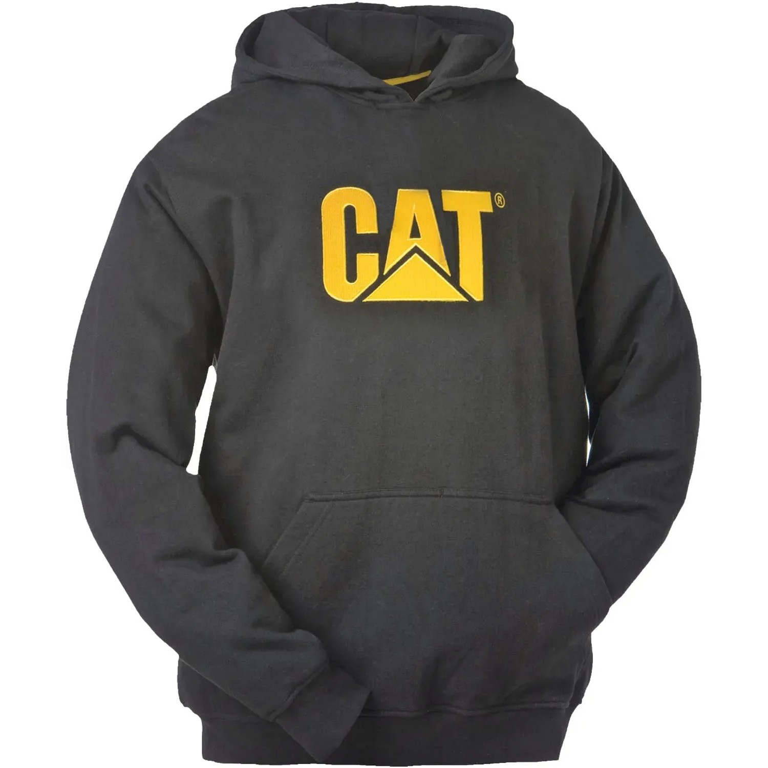 Schwarzer Cat Kapuzenpullover Größe M für Arbeitskleidung mit gelbem Logo.