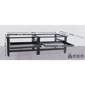 Schwarzes Waschmaschinen Untergestell für zwei Geräte mit Schubladen und Maßangaben.
