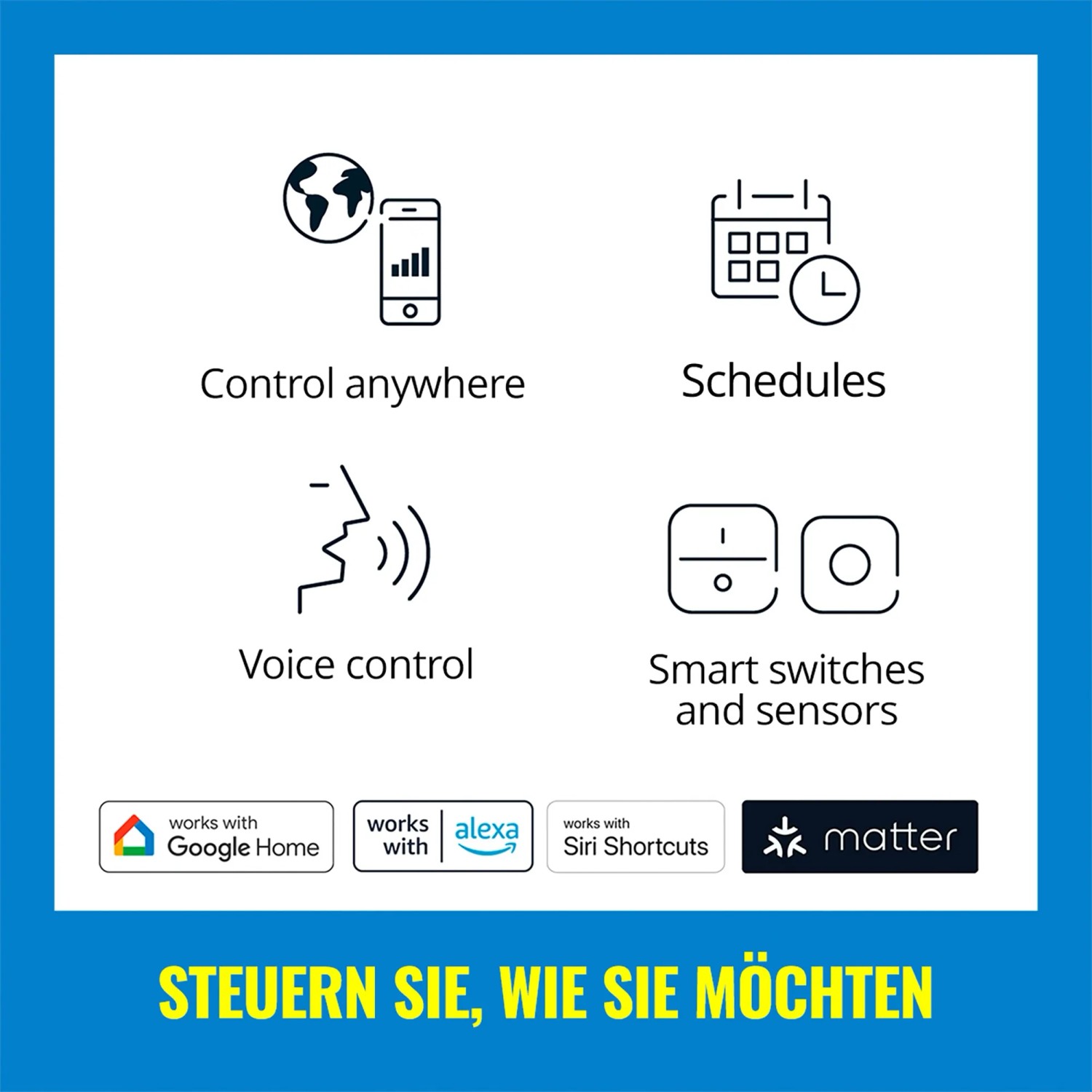 WiZ LED-Leuchtmittel Steuerungsmöglichkeiten: App, Sprachsteuerung, Zeitpläne, Schalter und Sensoren.