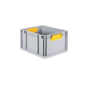 Graue PROREGAL Eurobox mit gelben Griffen und Deckel. Aufbewahrungsbox für Industrie und Gewerbe.