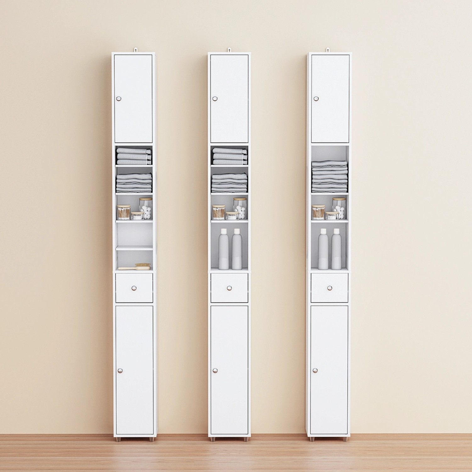 SoBuy Badmöbel-Set: Weißer Hochschrank mit 6 Böden, schmal, für Badutensilien und Handtücher.