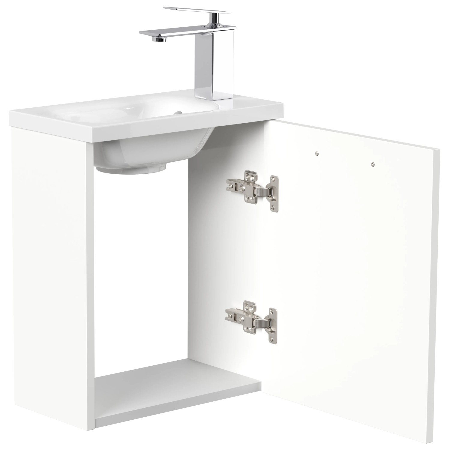 Posseik Badmöbel Pieni Slimline, 40 cm, weiß hochglanz mit offenstehender Tür.