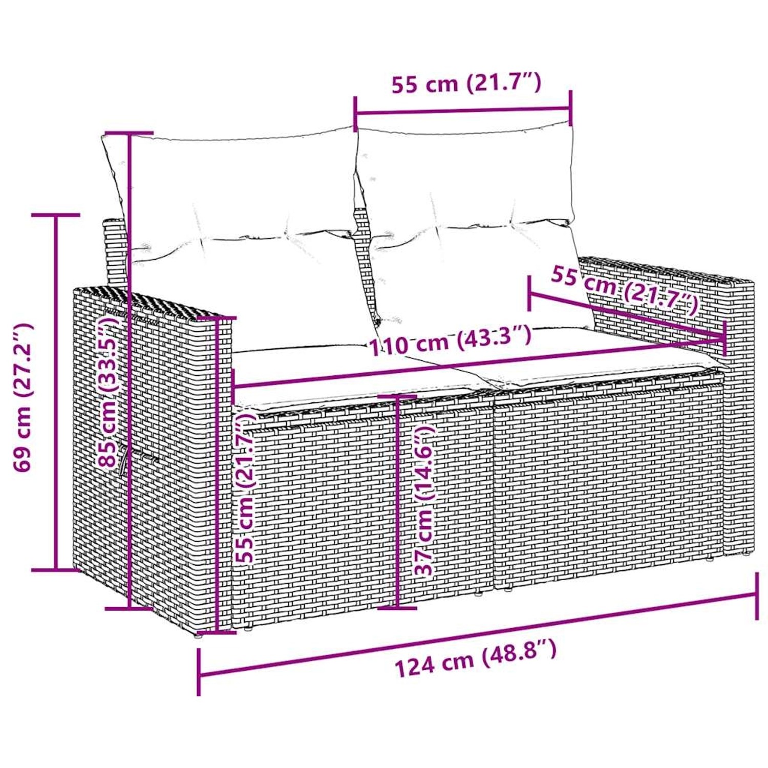 Skizze einer braunen vidaXL Garten-Sofagarnitur aus Rattan mit Maßen.