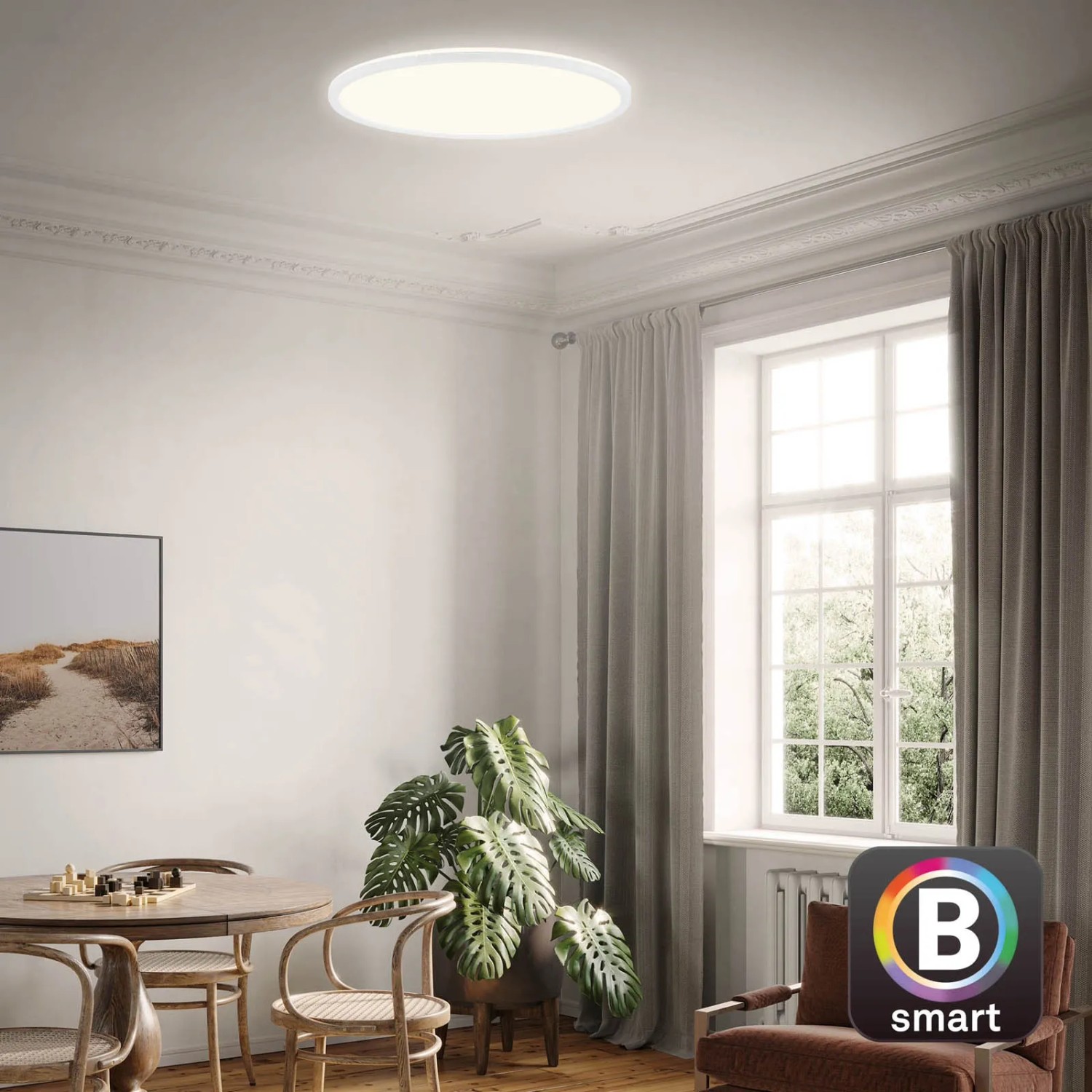 Dimmbare, weiße Brilo LED-Deckenleuchte Slim S B-Smart Panel (22 W) in Wohnraum-Szene.