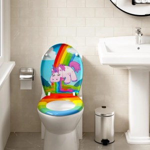 WOLTU WC-Sitz Duroplast mit Einhorn-Regenbogen-Motiv. Bunter Toilettensitz mit Absenkautomatik & Schnellbefestigung.