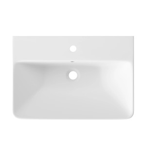 Weißes baliv Slim Handwaschbecken 60 cm mit Armatur und Siphon, Aufsicht.