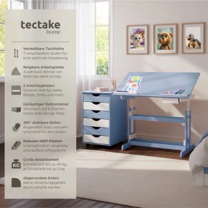 Blauer Tectake Schreibtisch mit Rollcontainer und 6 Schubladen im Kinderzimmer.