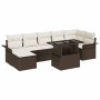 Braunes 8-teiliges vidaXL Garten-Sofa-Set aus Poly Rattan mit Tisch und Kissen.