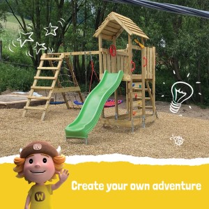 Blauer Wickey Spielturm RocketFlyer mit Rutsche, Schaukel und Kletterwand im Garten.