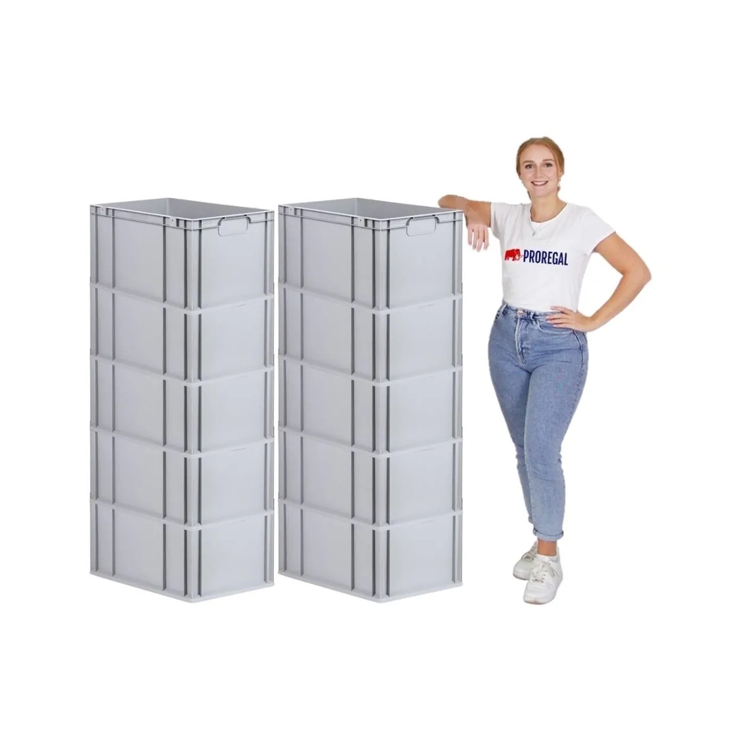 PROREGAL Spar Set: 10 graue Euroboxen mit Deckel, Schiebeschnappverschlüssen und Griffen. Ideal zur Aufbewahrung.