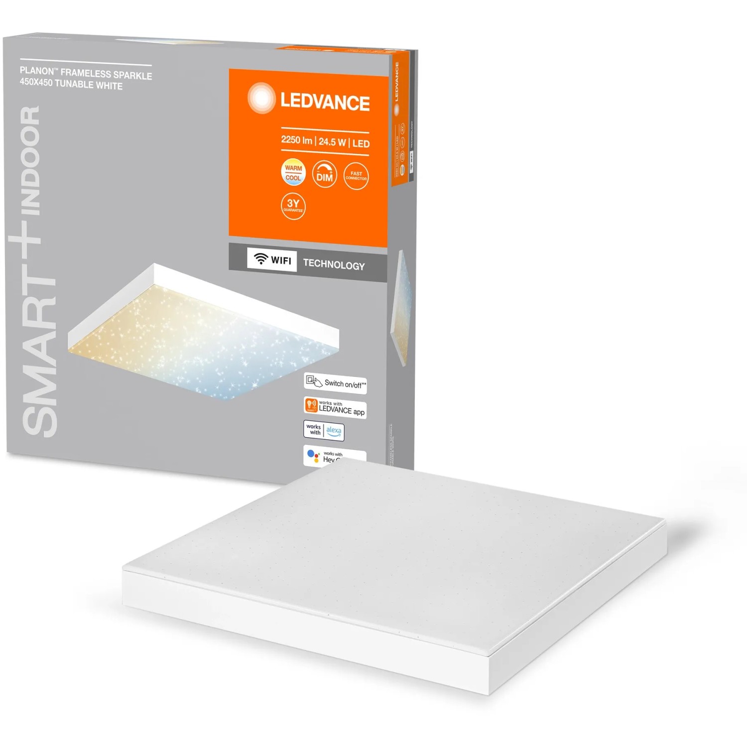 Ledvance Smart+ WiFi Panelleuchte Planon, rahmenlos, tunable white, 45x45 cm. Detailaufnahme der Deckenleuchte und Verpackung.