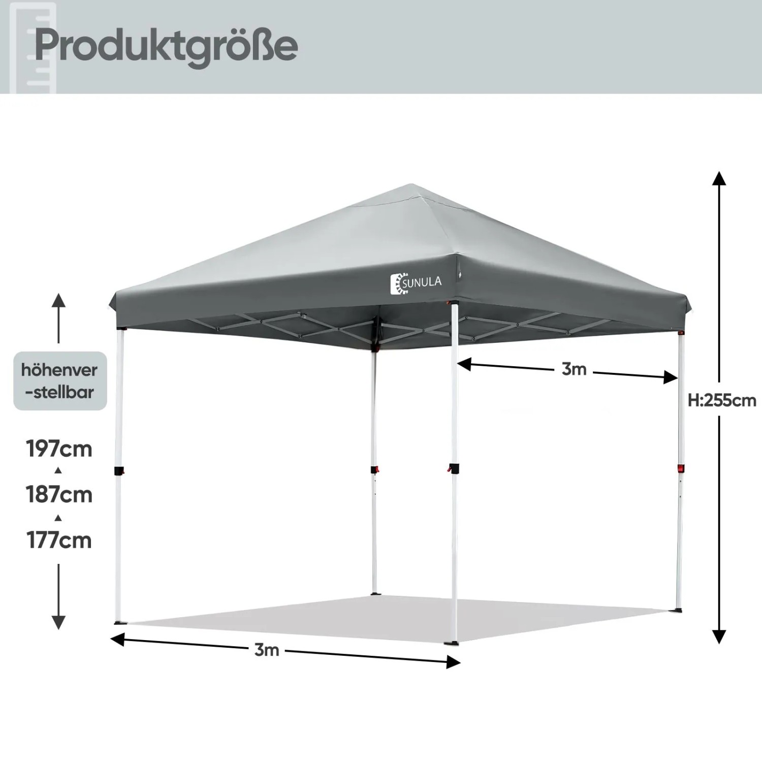 Grauer Sunula Faltpavillon 3x3 m, höhenverstellbar, mit weißem Gestell. Ideal als Gartenpavillon & Sonnenschutz.
