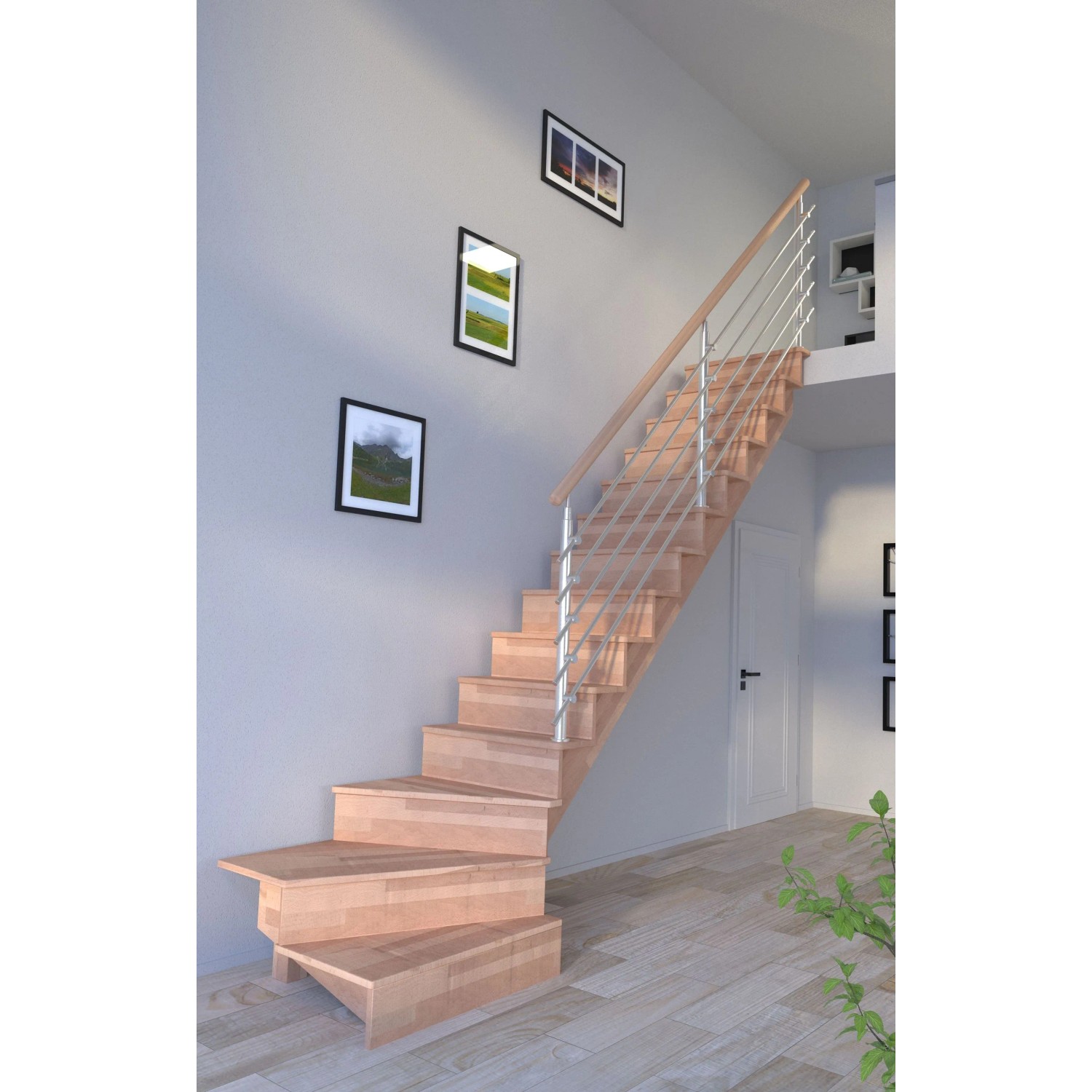 Gewendelte Buchenholztreppe Lindos Pro mit Edelstahlgeländer und Setzstufen.