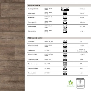 Detailansicht der Produkteigenschaften und technischen Daten des CV Bodenbelags Atlantic Eiche Antik 606M.