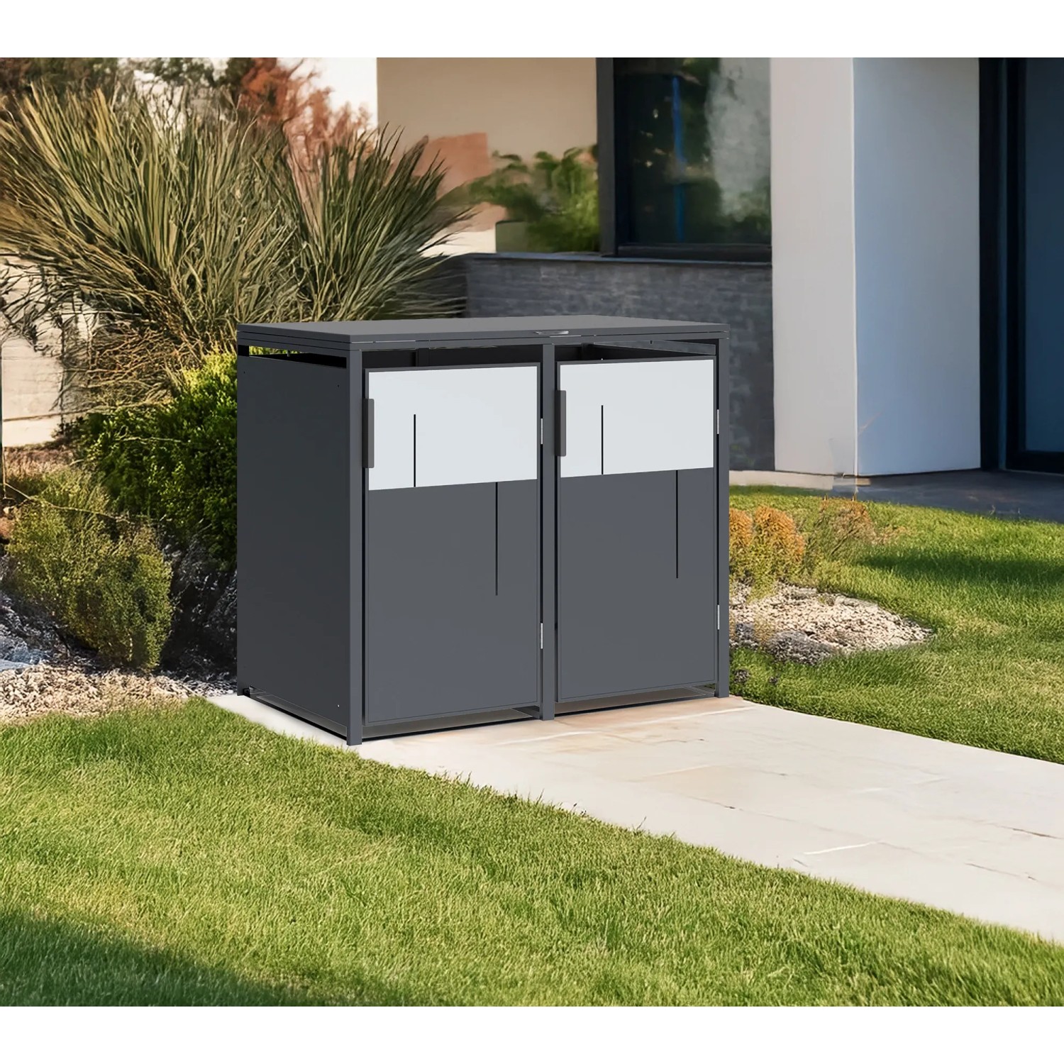 Westmann Mülltonnenbox Tonus 2, anthrazitfarbene Stahlbox für zwei Mülltonnen im Garten.