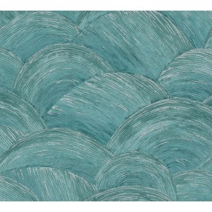 AS-Creation Vliestapete mit abstraktem Muster in Petrol und Silber, teilweise glänzend.