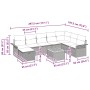 vidaXL Gartenmöbel-Set, 9-teilig, beige Poly Rattan, mit Kissen und Stauraum. Abmessungen sichtbar.