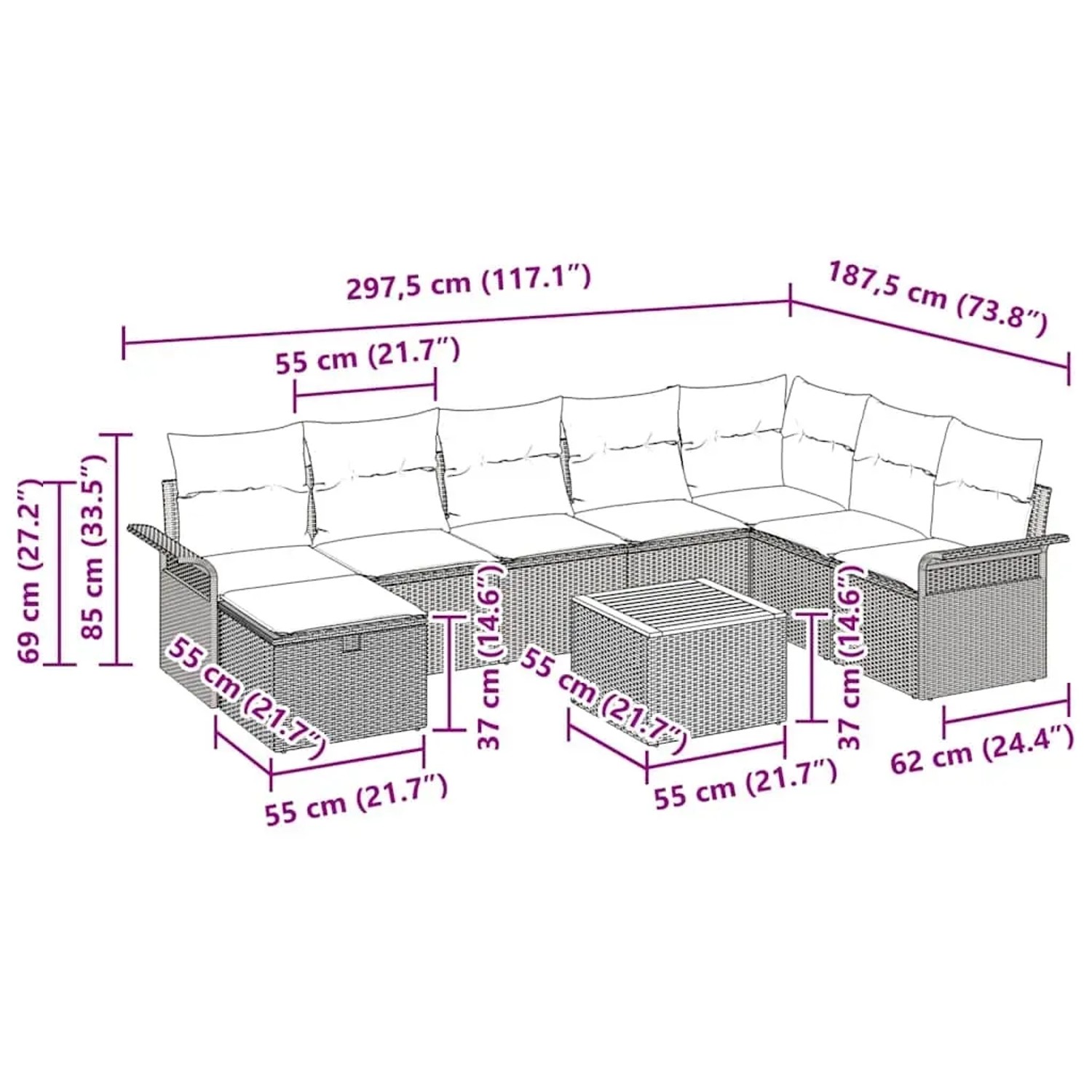 vidaXL Gartenmöbel-Set, 9-teilig, beige Poly Rattan, mit Kissen und Stauraum. Abmessungen sichtbar.