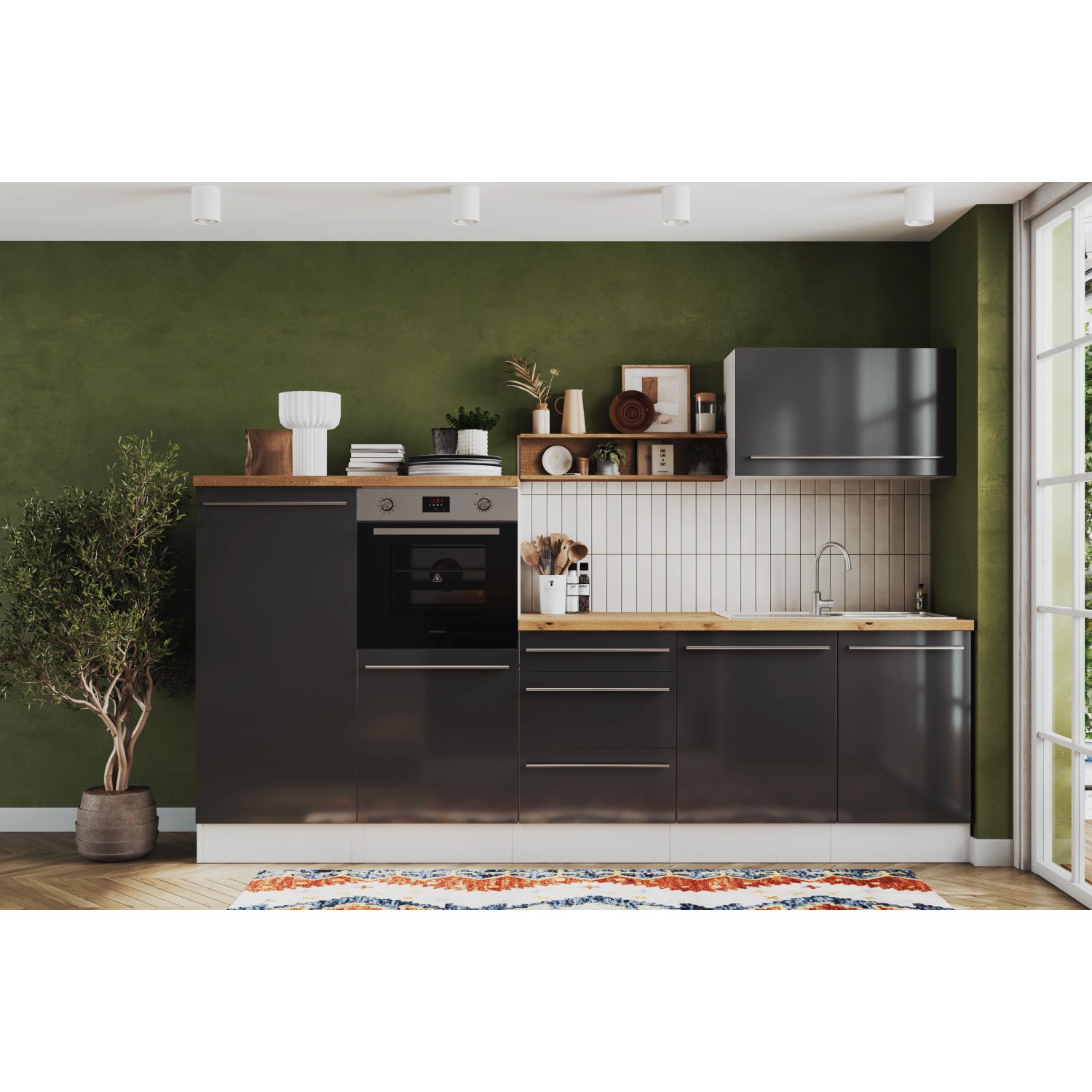 Respekta Inselküche Gabriel, 290 cm, Grau Hochglanz mit E-Geräten.