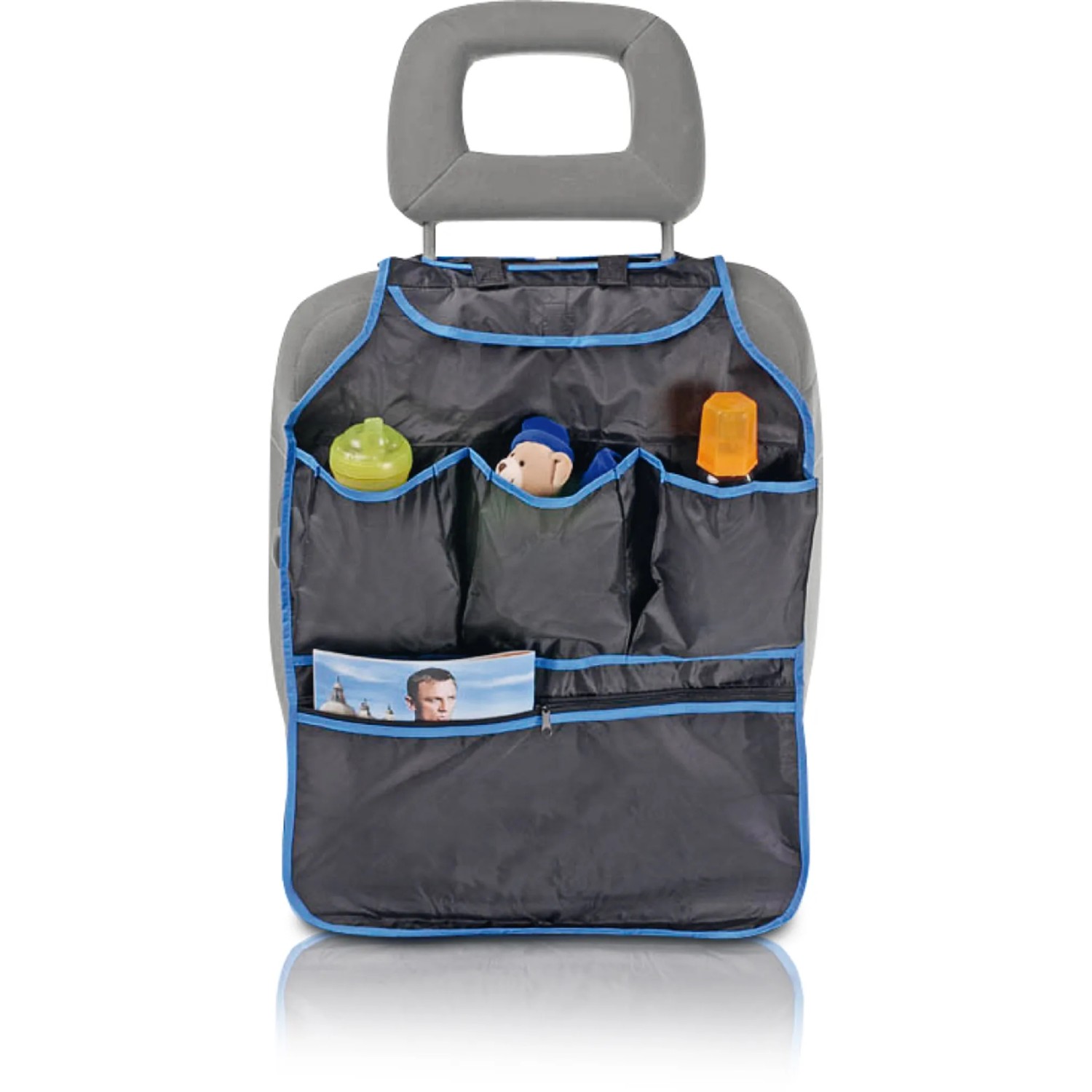 Blauer Autositz-Organizer mit Fächern für Spielzeug und Bücher, 48x73 cm.