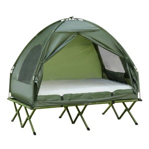 Grünes Outsunny Camping-Set: Zelt auf Feldbett für 2 Personen, mit Matratze. Stabiler Aluminiumrahmen.