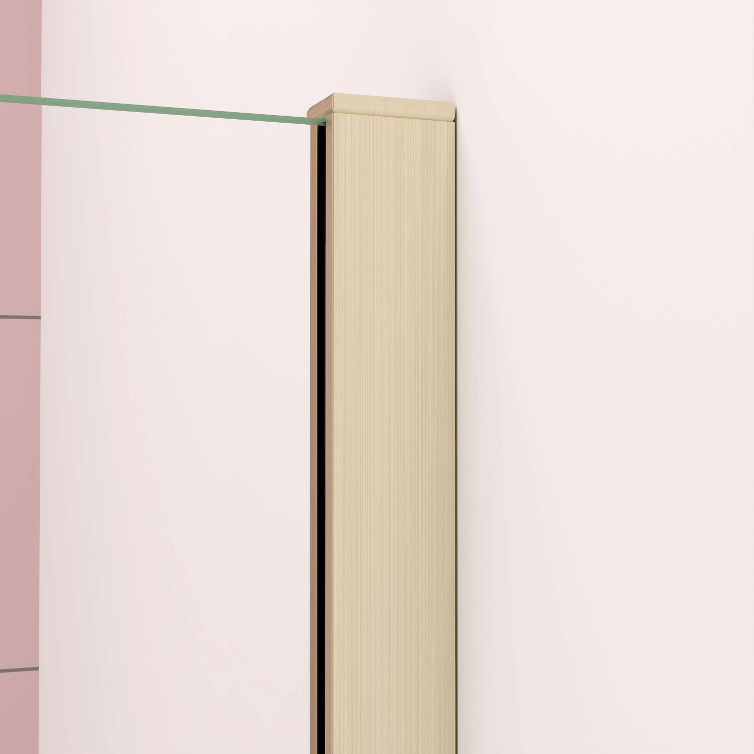 Detailaufnahme: AICA Walk-In Dusche, 50x200cm, goldener Rahmen, 8mm ESG Glas.