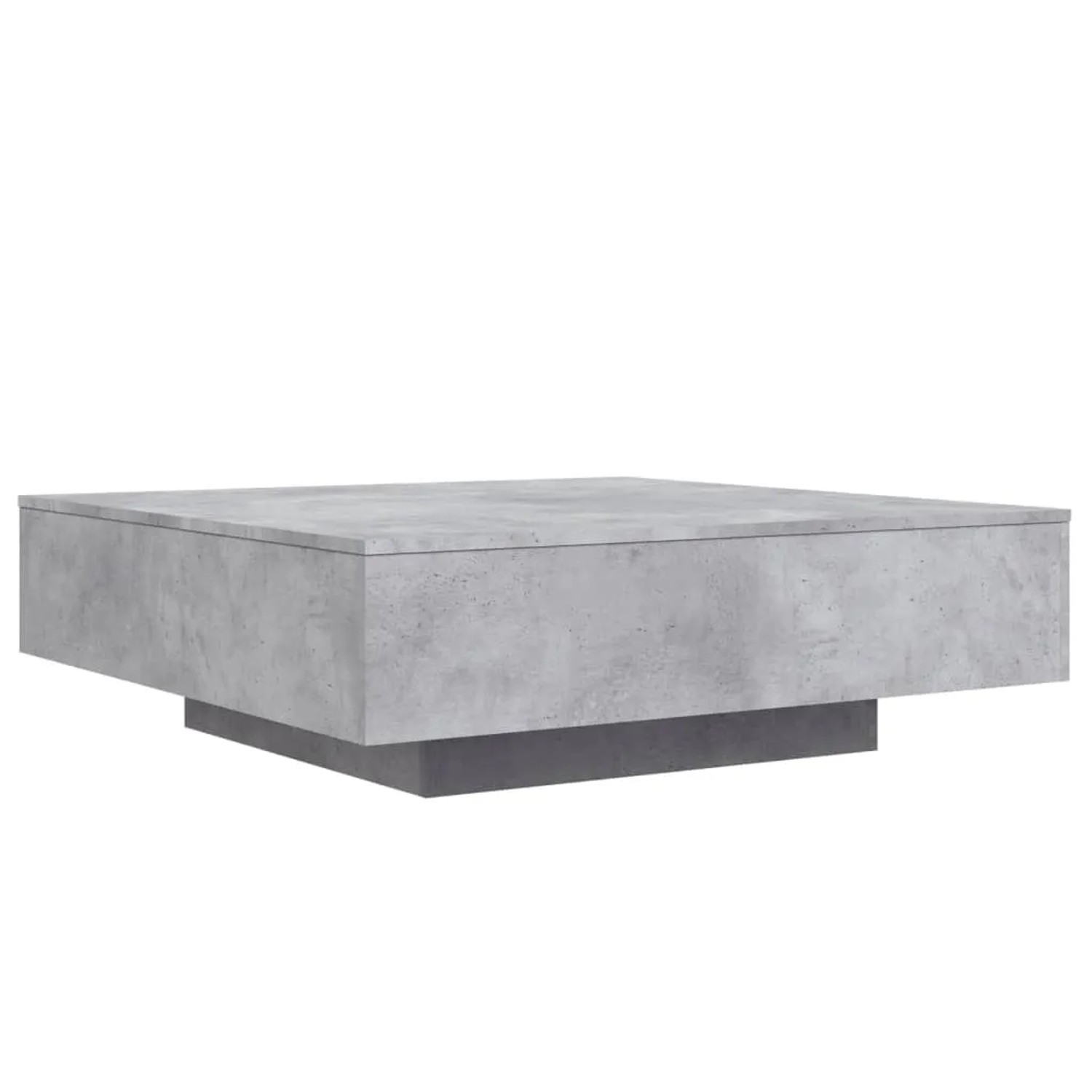 Quadratischer, betongrauer Couchtisch aus Holzwerkstoff für das Wohnzimmer.
