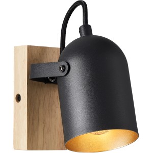 Wandspot Tronte in Schwarz-Holz-Optik mit goldenem Innenleben, geeignet für E14 Leuchtmittel.