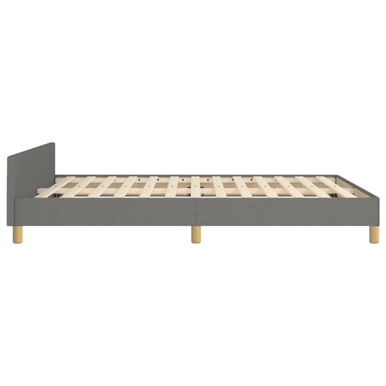Dunkelgraues Stoff-Bettgestell 140x190 cm mit Kopfteil. Bett mit Holzlattenrost und Füßen.