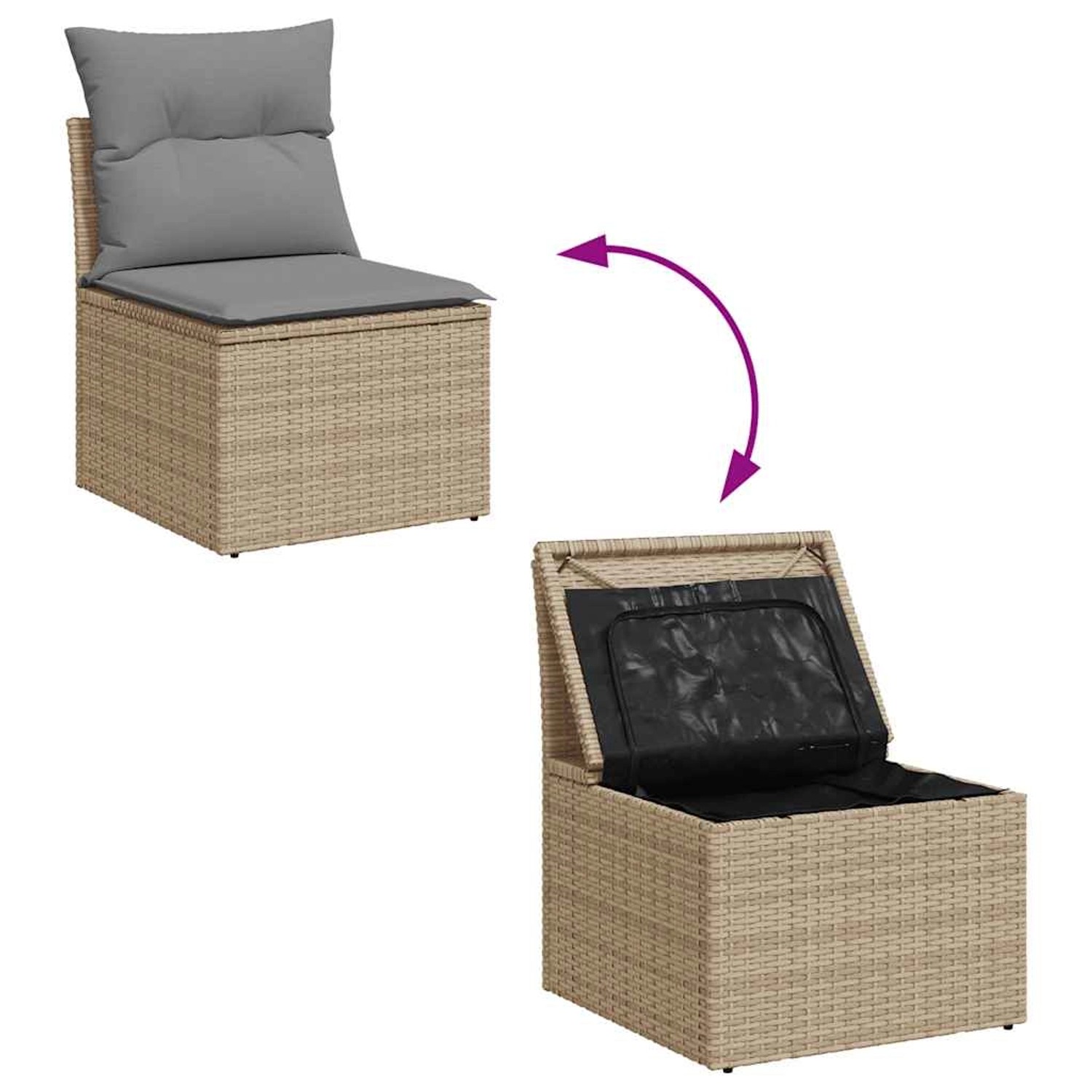 Beige Garten-Sofagarnitur mit Staufach und Kissen, Poly Rattan, vidaXL. Stauraum offen und geschlossen dargestellt.