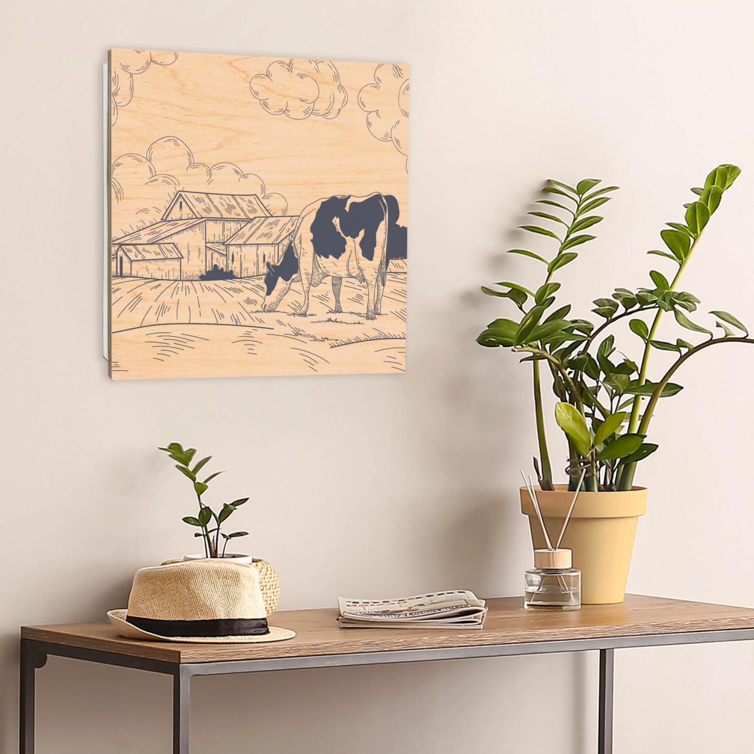 Banjado Schlüsselbox aus Holz, 30x30cm, Motiv ländliche Idylle mit Kuh, 50 Haken.