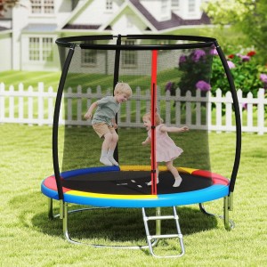 Buntes Costway Trampolin (Ø244 cm) mit Sicherheitsnetz und zwei Kindern beim Springen.
